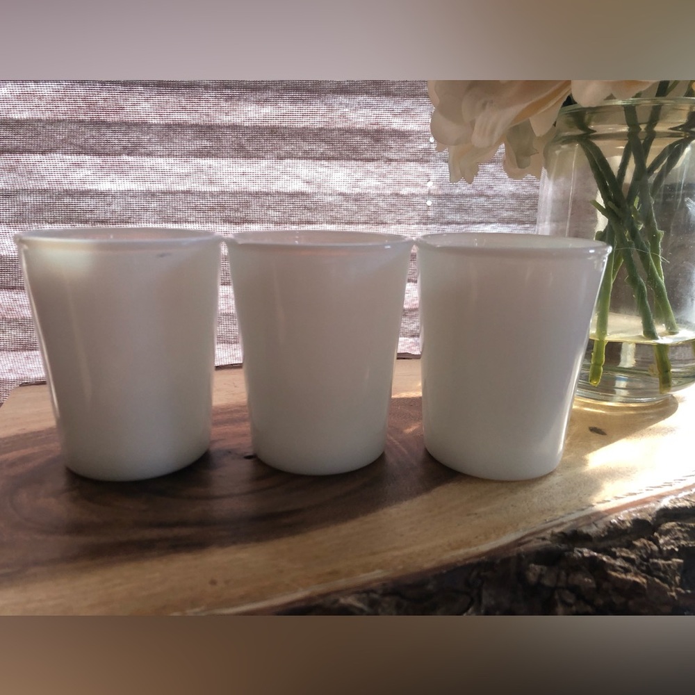 3 Vintage Milk Glass Opalescent Tumblers Started Life as Yoghurt or Jelly Jars